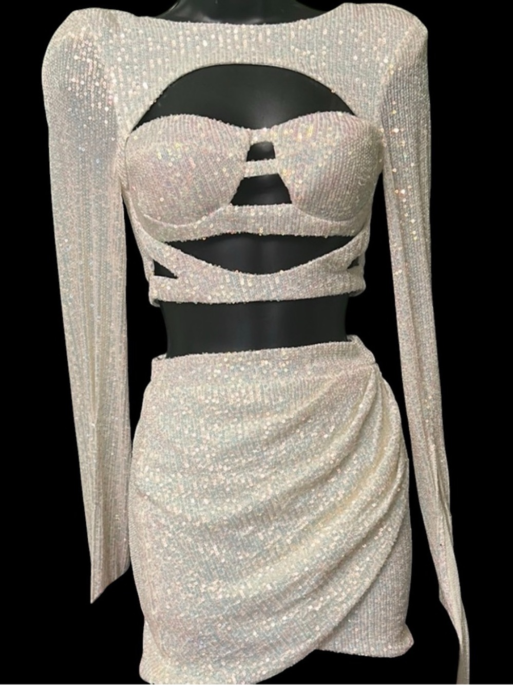 Fashion Nova Cream Embellished Wrap Mini Skirt & top with long sleeve with slits - Picture 10 of 10
